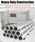 Heavy Duty Folding Wire Mesh Storage Basket with electro-galvanized finish, holding steel pipes indoors for efficient storage.