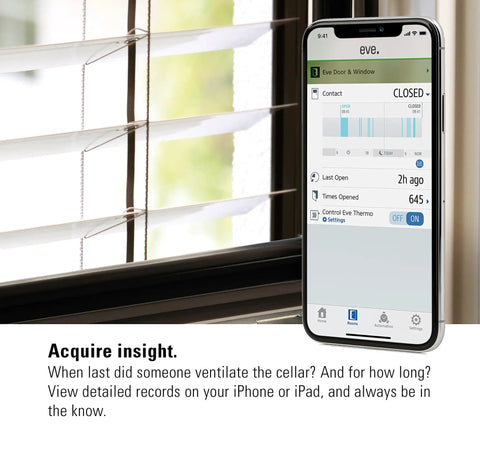 Smart Door And Window Sensor For HomeKit And Bluetooth Real Time Open Or Closed Status Instant Notifications Automate Accessories displayed on smartphone screen next to a window