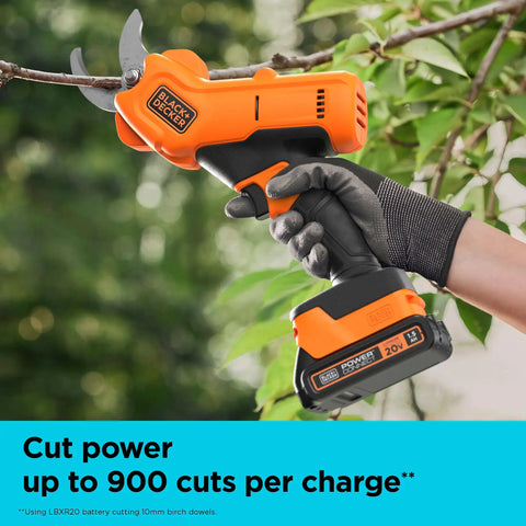 Person using 20V Max Cordless Pruner Electric Pruning Shears With Battery And Charger, cutting branch, glove worn