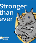 Illustration of a strong rhino with a shield and the text 'Stronger than ever' on a blue background.