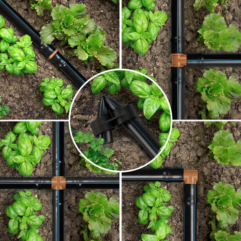 1/2 Inch Drip Irrigation Fittings Kit With 34 Pieces for 1/2 Inch Tubing including couplings and elbows in garden setup