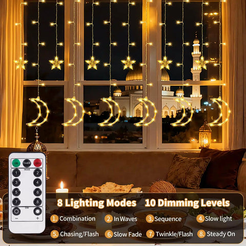 Dazzle Bright Ramadan Curtain String Lights With 138 LEDs Warm White Star Moon Fairy Lights 8 Lighting Modes With Remote
