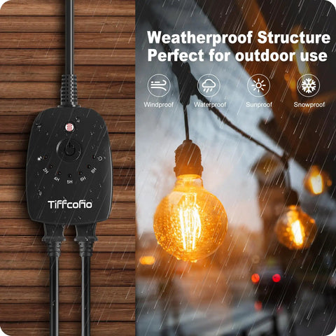 Weatherproof Outdoor Light Timer With 100 Ft Remote And Auto Dusk To Dawn Sensor Built Tough on wooden background with rain