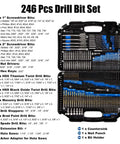 COMOWARE 246-Piece drill bit set for cordless drill in a black case with wood, metal, and masonry bits