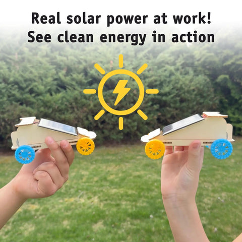 Sweet Ten Pack Solar Car Kit Offering Slick Wooden STEM Rides For Kids Ages Eight Plus Quick Diy Assembly showing kids holding solar-powered cars.