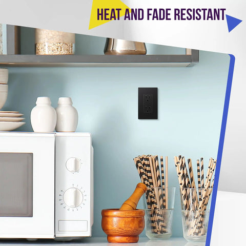 No Sweat Install Hella Sleek Matte Decorator Wall Outlet 15 Amp Electrical Receptacle Compact One Gang Wall Socket With Smudge Proof Coating For Homes installed above a microwave in a kitchen.