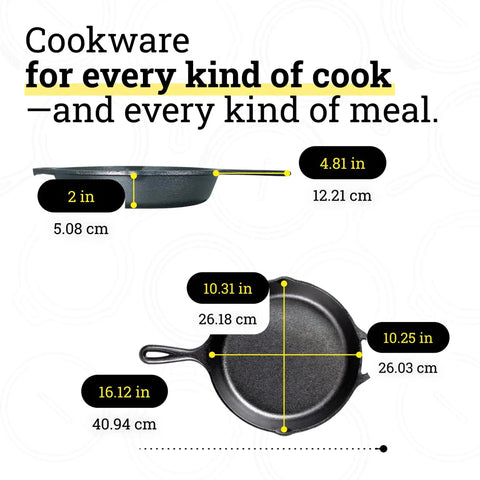 Diagram with dimensions of a Seasoned Cast Iron Skillet 10.25 Inch Ready For Any Kitchen Or Campfire Sear With Natural Nonstick Finish