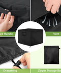 Black handle and vent details of the Boss Grade Miter Saw Cover Portable Table Sheet Protector With Beefy 420D Oxford Fabric All Weather Dust Guard Fits Most Planers And Garage Gear Solid Black Size 27 By 24 By 19 Inches.