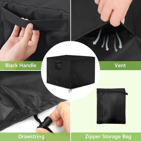 Black handle and vent details of the Boss Grade Miter Saw Cover Portable Table Sheet Protector With Beefy 420D Oxford Fabric All Weather Dust Guard Fits Most Planers And Garage Gear Solid Black Size 27 By 24 By 19 Inches.