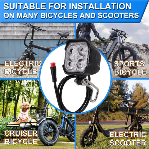 Ultra Bright Ebike Front Light With 4 LED 400 Lumens 24V 36V 48V Compatible Waterproof 2 Pin Connector Night Riding Ready Front Headlight For Mountain Road And City Commuting High Visibility Bike Safety Light