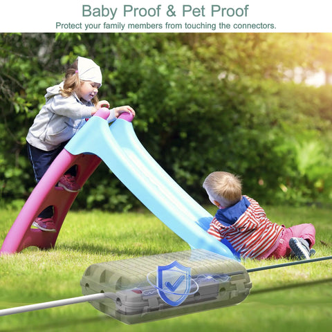 Tough As Nails Outdoor Waterproof Electrical Box, Large Extension Cord Cover with Nine Cable Ports, No Sweat IP54 Plug Protector For Power Strips, Holiday Lights, Yard Decor, Grey Housing near children playing.