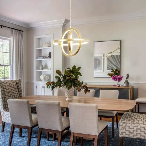 Gold Modern LED Chandelier With Remote Control Dimmable 3000K To 6000K Height Adjustable 39.3 Inch in dining room
