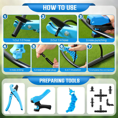 Instructions for using 2-in-1 drip irrigation hole punch and tubing cutter with barbed connectors for 1/4 inch fittings.