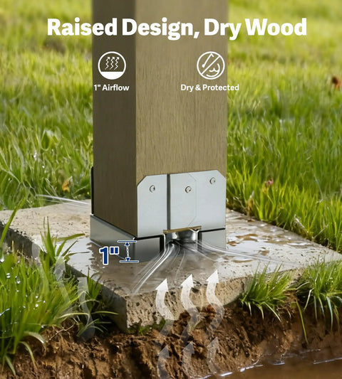 4x4 Galvanized Post Base Anchor For Wood To Concrete with 1 Inch Standoff on wet ground, highlighting moisture protection