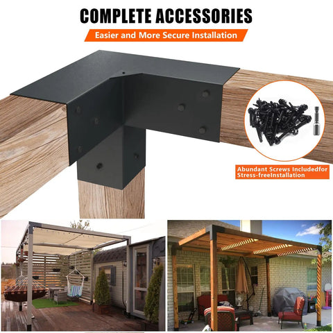 3 Way Pergola Brackets Kit For 5.5x5.5 To 6 Inch Lumber Outdoor Use Heavy Duty Galvanized Steel Corner Brackets With Matte Black Powder Coat In Use