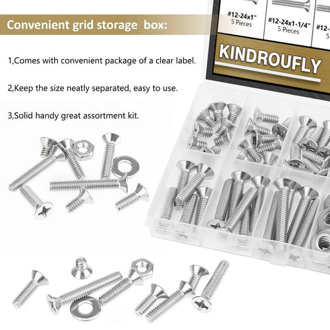 Pro Shop Tested 104 Piece 12-24 Thread Phillips Countersunk Head Machine Screw Assortment Kit Featuring Matching Hex Nuts And Flat Washers in clear storage box.