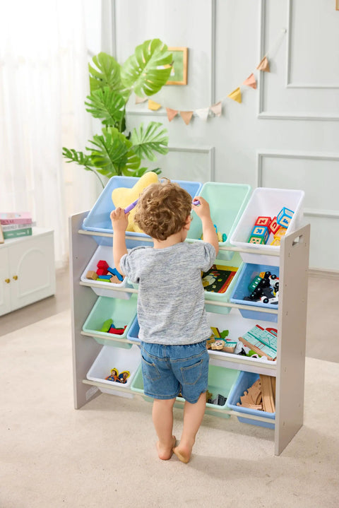 Super Slick Kids Toy Storage Organizer With Twelve Removable Blue Plastic Bins Mounted On Sturdy Grey Composite Frame Totally Legit Pick For Playroom Or Bedroom Setup Wall Anchored Design Built Tough For Daily Cleanup Sessions