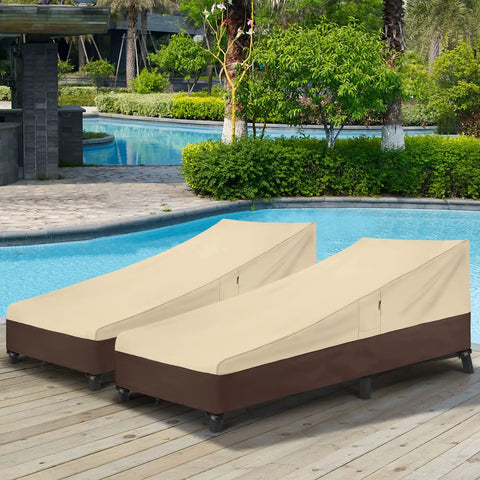 Two Pack Waterproof Outdoor Chaise Lounge Covers Heavy Duty Patio Furniture Covers For All Weather Protection Beige And Brown 80 Inch Length By 32 Inch Width By 25 Inch Height Fits Up To 78 Inch Long Loungers near pool
