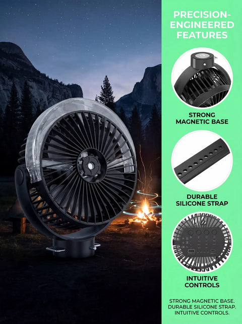 2-Pack Magnetic Golf Cart Misting Fan With Heavy-Duty Strap And 12000mAh Battery shown with magnetic base, strap, and controls