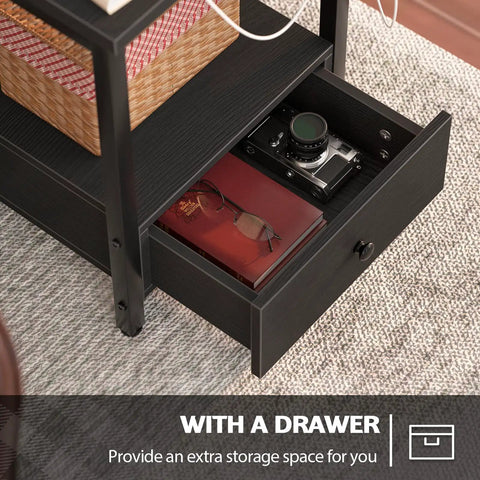 Floor Lamp With Built In Table And USB Outlet Nightstand Drawer Attached Reading Light End Table With Integrated Power For Living Room Or Bedroom Black Finish Bulb Included showing open drawer with items