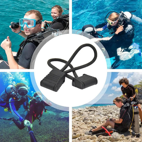 4 Pack Diving Hose Holder Clips For Scuba Gear, Hose Clip Retainer With Durable Bungee Cord shown with scuba divers in gear