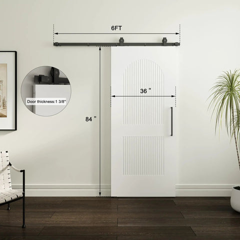 Silky Smooth Two Panel Sliding Barn Door With Reeded Arched White Primed Finish For Modern Farmhouse Room Divider, 36" x 84".