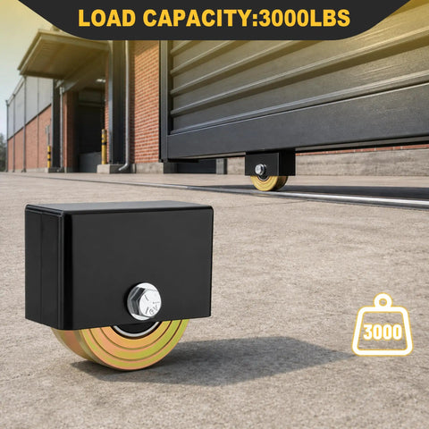 Close-up of Rock Solid Workhorse 4 Inch V Groove Sliding Gate Rollers Two Pack Heavy Duty Steel Wheels with welded base on driveway.