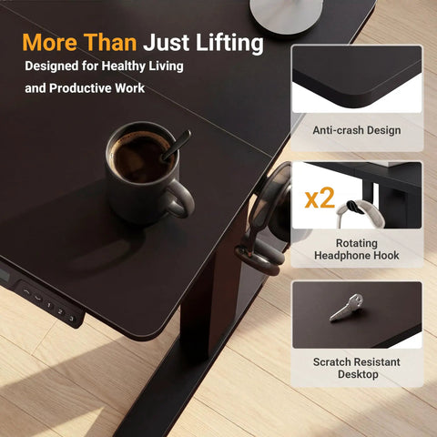 Close-up of black top on 32 Inch Electric Standing Desk For Small Spaces With Adjustable Height Sit Stand Memory Presets.