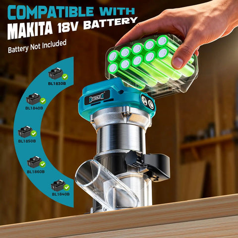 Cordless Router For 18V Battery 800W Brushless Wood Router With 6 Speed Control Depth Adjustment Edge And Roller Guide Includes Router Bits Tool Only No Battery shown with Makita battery compatibility diagram