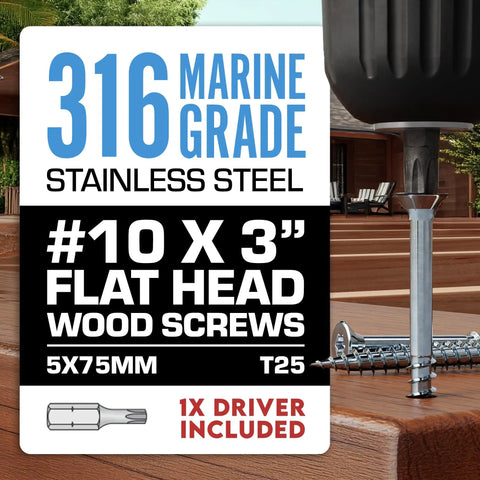 316 Marine Grade Stainless Steel Wood Screws 3 Inch 100 Pack With T25 Star Driver Bit Beefy Rust Resistant