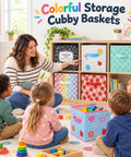 6 Piece Slick Fabric Storage Bins 11 Inch Vibrant Cubby Basket Organizers With Grippy Handles For Classrooms And Nurseries group in classroom