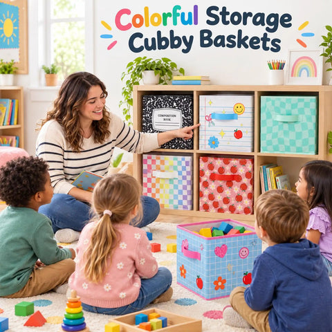 6 Piece Slick Fabric Storage Bins 11 Inch Vibrant Cubby Basket Organizers With Grippy Handles For Classrooms And Nurseries group in classroom