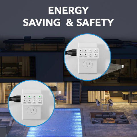 Slick Indoor Countdown Timer 2 Pack With Repeat Function 3 Prong Plug showing timer settings and outlet use at home.