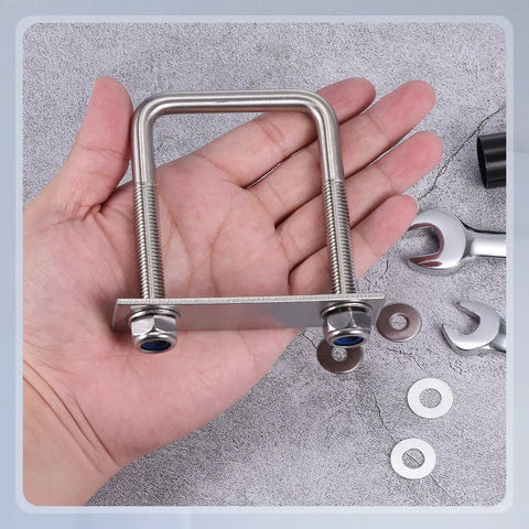 Built Tough Square U Bolt Kit Crafted From Legit 304 Stainless Steel in hand, showcasing M10 U-bolt and nuts.