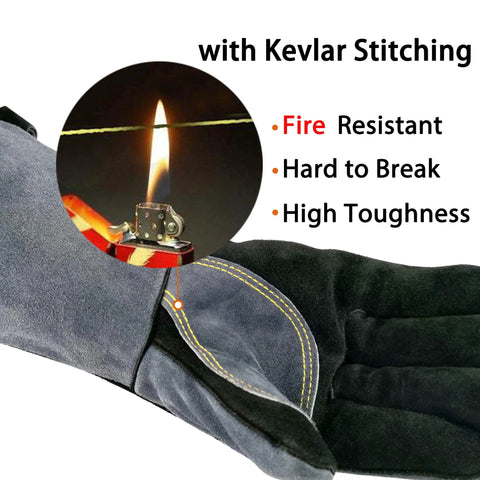 16 Inch Leather Welding Gloves 932F Heat Resistant Large Mitt For BBQ Oven Grill Fireplace TIG MIG Forge Baking Stove Animal Handling And More Black Gray with Kevlar stitching detail.