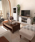 65 Inch TV Stand With Storage Cabinets And Sliding Barn Doors In Bright White Dope Farmhouse Style in living room setup with TV