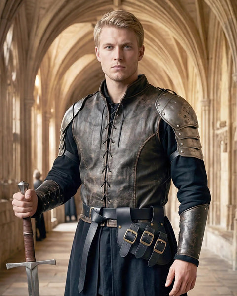 Person wearing Medieval Viking Sword Frog Holster With Adjustable Belt Straps and armor in a stone corridor