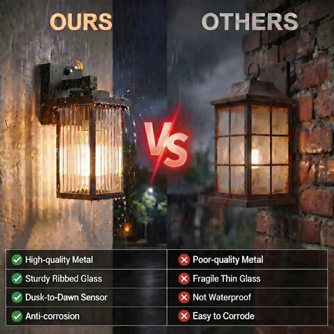 Set And Forget Dusk To Dawn Wall Mount Porch Light With Auto Photocell Sensor comparison with inferior lantern, highlighting quality.