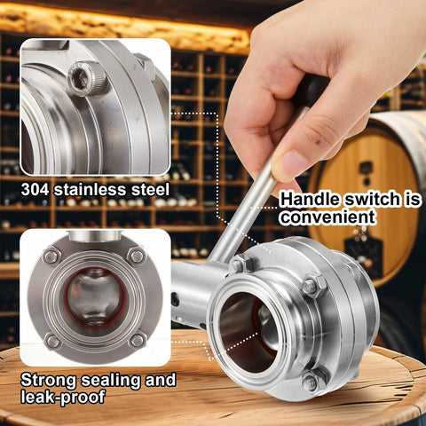 Side view of 304 stainless steel sanitary butterfly valve with pull handle and three-clamp Clover, 1.5 in tube OD.