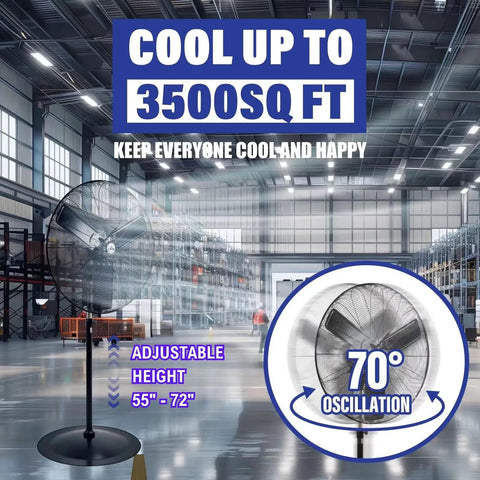 Heavy Duty 30 Inch Pedestal Oscillating Fan for Shop, Garage and Warehouse, 120V 3 Speed, in a large warehouse setting