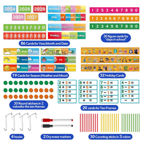 Contents of Pocket Chart Classroom Calendar Set For Circle Time And Math Center With Counting Addition Subtraction Games For Preschool Toddlers And Homeschool Daily Math Activities Must Have shown.