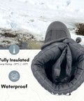 Explorer Winter Waterproof Insulated Overshoe For Work Boots Size L with snow background, showing insulation and waterproof icons.