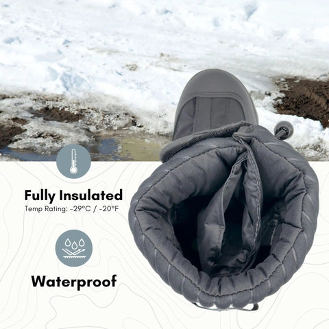 Explorer Winter Waterproof Insulated Overshoe For Work Boots Size L with snow background, showing insulation and waterproof icons.