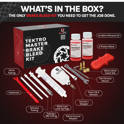 Hydraulic Brake Bleeding Kit For Tektro And TRP Brakes With 120ml Mineral Oil 5.5mm Olive Insert Funnel Adapter Mountain Bike Brake Bleed Tool Set That Makes Quick Clean Bleeds Easy, kit contents displayed.