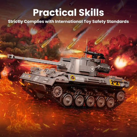 Dope RC Tiger Tank Building Set With 971 Pieces Dual Remote And App Control WW2 Military Tank Model on fiery battlefield