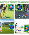Ultimate Outdoor Golf Chipping Game With Stand And Putting Mat for backyard play, shown with targets and balls in action.
