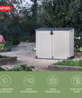 Outdoor Resin Horizontal Storage Cabinet For Trash Cans And Garden Tools, Weather-Resistant 30 Cu Ft Capacity With Lockable Easy Lift Lid in garden