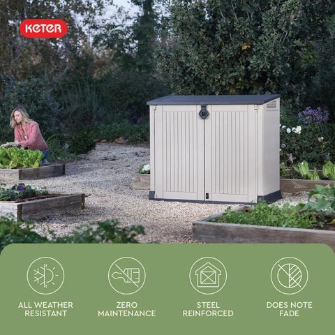 Outdoor Resin Horizontal Storage Cabinet For Trash Cans And Garden Tools, Weather-Resistant 30 Cu Ft Capacity With Lockable Easy Lift Lid in garden