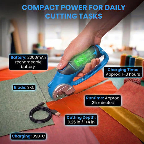 Bozuki Cordless Electric Scissors Rechargeable 4V Box Cutter For Cardboard And Fabric Rotary Shears in use cutting fabric.