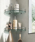 Two Tier Tempered Glass Corner Shower Shelves With Extra Hangers Rustproof Aluminum Bath Organizer For Inside Shower Space Saving Caddy That Keeps Shampoo Soap And Grooming Gear Neat And Accessible And Easy To Install mounted on wall with bath products